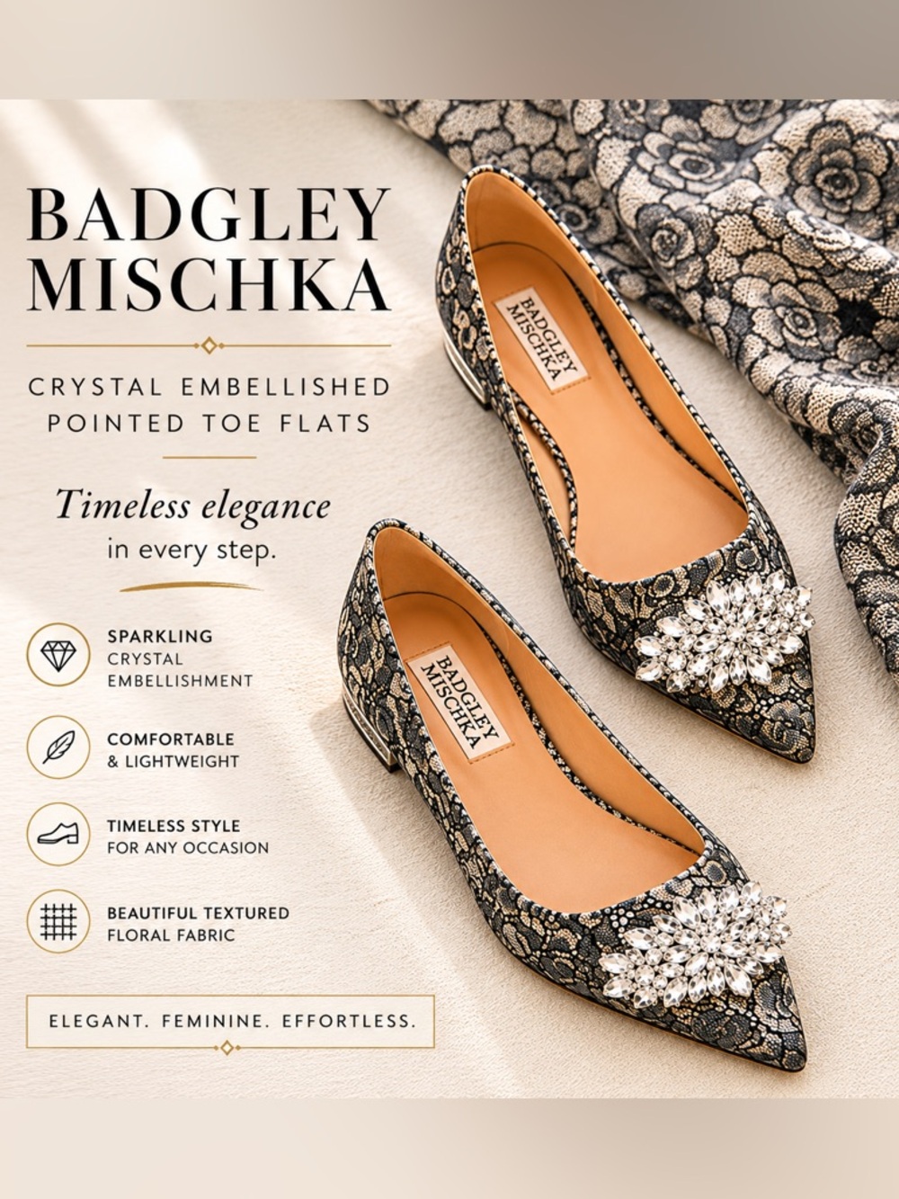 Badgley Mischka Valeria Lace Embellished Ballet Flats Size 8 NIB Crystal Shoes